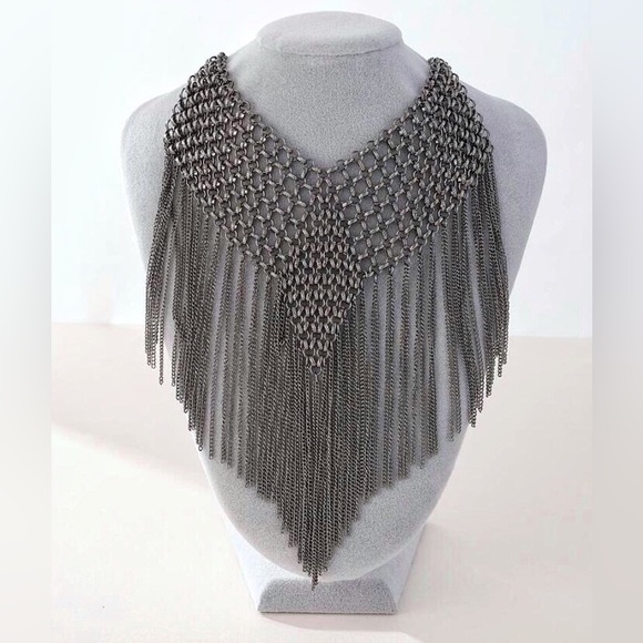 New Maximalist Chainmail Style Fringe Bib Statement Necklace - Picture 13 of 16